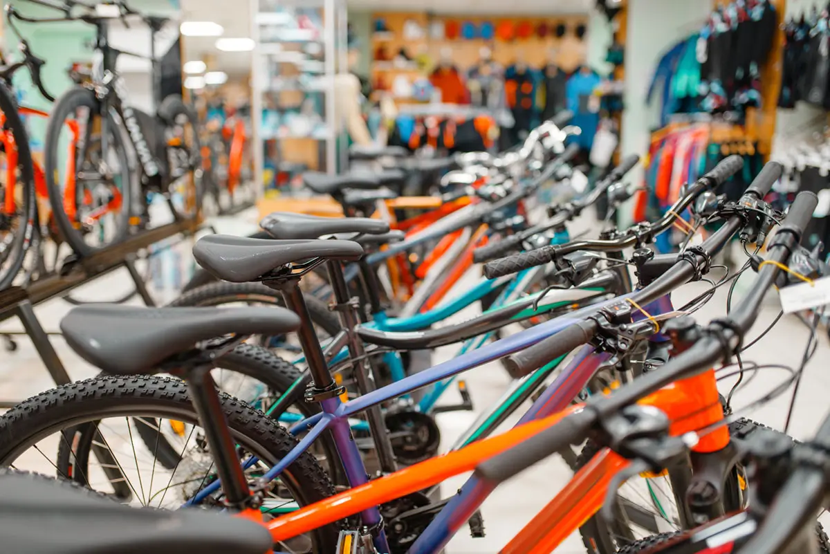 Rows of bicycles in sports shop